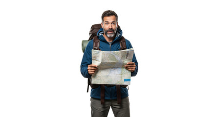 Man with a backpack looking at a hiking map with adventure