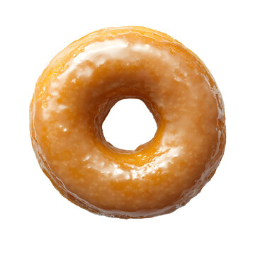 A single glazed donut with a shiny, caramel-like coating on a white background.