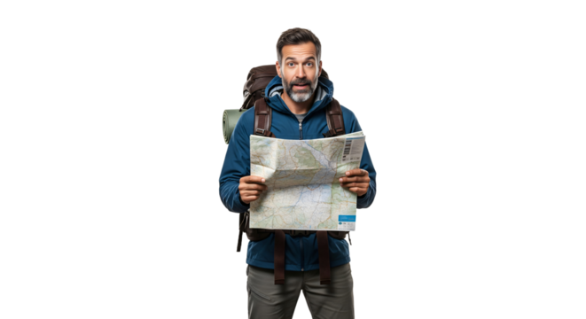 Man with a backpack looking at a hiking map with adventure