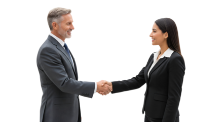 A smiling businessman shaking a client's hand with confidence and success
