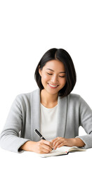 Smiling person in a creative writing session with inspiration and focus