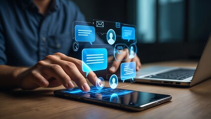 Man interacting with futuristic interface on mobile phone with laptop for digital communication and cloud technology concept