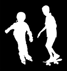 Roller boy and skater friend riding vector silhouette isolated. Children rollerblading helmet. Happy kid enjoy outdoor sport activity. Healthy recreation after school. Skateboard child ride skate.