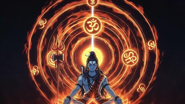 Illustration of a meditating Hindu deity, representing the concept of cosmic energy and spiritual awakening with Om symbol.