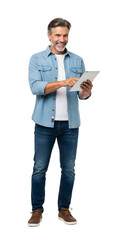 Smiling man holding a tablet and showing its screen