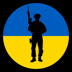 Emblem banner state Ukraine national symbol flag button soldier with rifle vector silhouette illustration isolated. Europe country patriotic sign. Circle badge Ukraine sticker war hero patriot man.