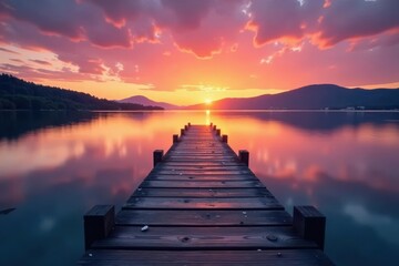 Obraz premium Long wooden pier at sunset reflecting in still lake water, twilight, wooden, planks