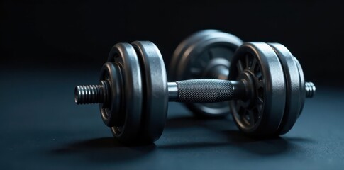 Pair of metallic dumbbells, focused on textured handles , exercise, weights, dumbbells