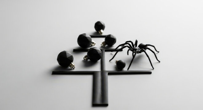 A Minimalist Depiction of a Stylized Evergreen Tree Adorned with Dark Ornaments and a Spider, Creating an Unconventional and Intriguing Visual Composition