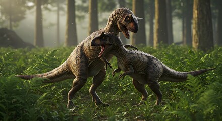 Two carnotaurus dinosaurs interacting in a lush green forest with tall trees and ferns in the foreground