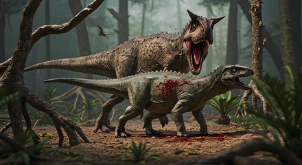 A carnotaurus roaring over a wounded dinosaur in a prehistoric forest landscape with trees and foliage