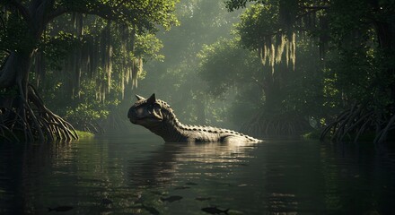 A carnotaurus dinosaur swimming in a murky river surrounded by lush green forest and hanging moss trees