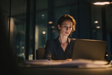 Female CEO working late in a modern office with glowing laptop screen.