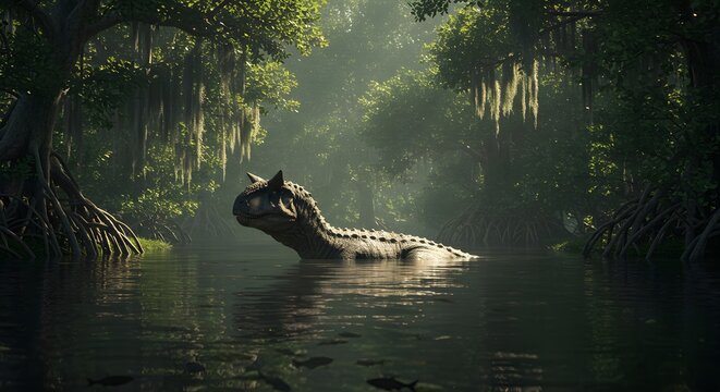 A carnotaurus dinosaur swimming in a murky river surrounded by lush green forest and hanging moss trees