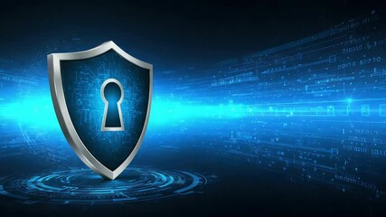 Digital shield with keyhole representing online safety security protection from cyber threats in a vibrant blue digital landscape - Powered by Adobe