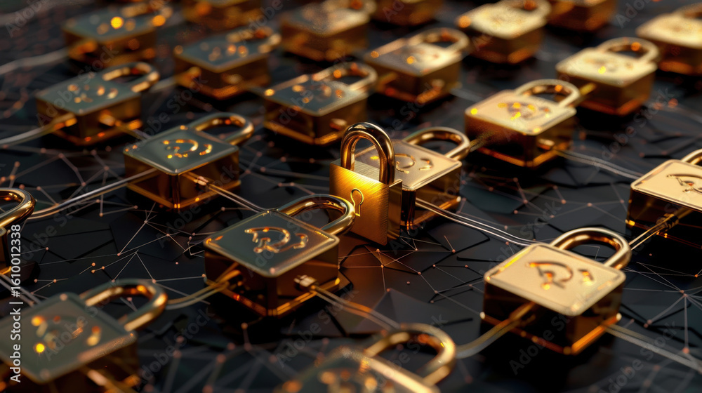 Poster secure digital network with padlock icons and encryption technology, symbolizing safety and protecti