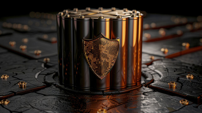 Secure database cylinder with protective shield design, symbolizing safety and security in digital storage. metallic finish and intricate details evoke sense of advanced technology and reliability