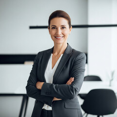 Smiling middle aged business woman attorney, 45 years old lady entrepreneur, mature female professional executive manager leader standing in modern company office looking at camera. Portrait.