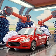 Isometric red sports car in automatic car wash