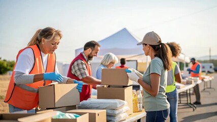 Volunteers Organizing Donations at Outdoor Charity Event - Powered by Adobe