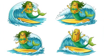 Corn mermaid surfing on waves illustration