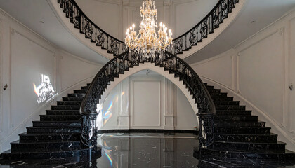 Fototapeta premium Crystal Chandelier Reflected in Marble Staircase . Wedding Concept. Generated Image