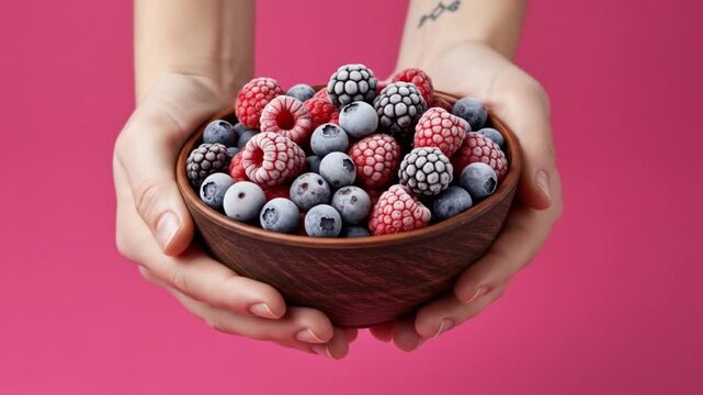 A bowl of mixed berries held in two hands against a pink background, close up studio shot view