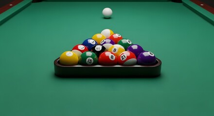 A close-up shot of a pool table with balls arranged in a triangle formation.