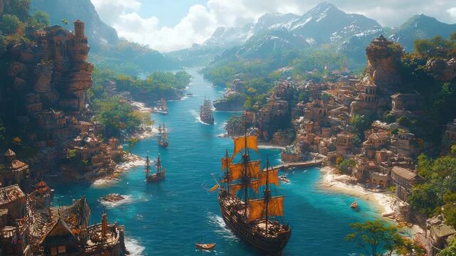 Coastal city nestled in a mountainous valley, with ships sailing a turquoise sea