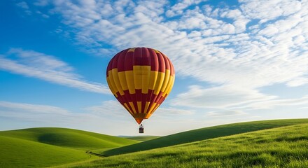 Hot Air Balloon Soaring Over Rolling Green Hills