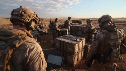 Military Personnel Organizing Supplies in Desert Landscape
