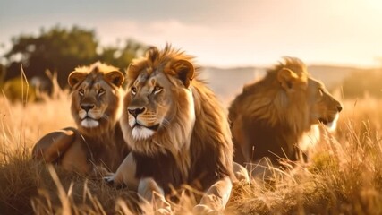 Majestic Lions: A Pride Resting in Golden Savannah Sunlight