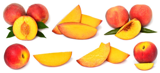 Set of fresh peach whole and sliced ​​with leaves isolated on white background