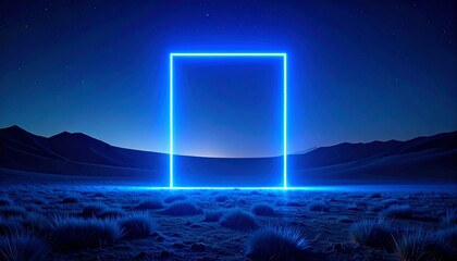 Glowing Neon Indigo Blue Portal in a middle of Night Desert Landscape