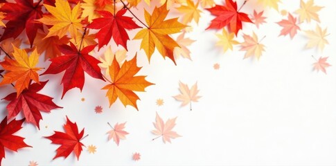 Fototapeta premium Vibrant red, orange, yellow maple leaves swirling, falling on white , whirlwind, seasonal, background