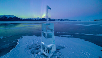 Geometric Ice Sculpture Centerpiece on Glacial Lagoon . Wedding Concept. Generated Image