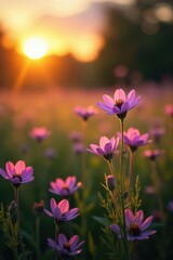 Fototapeta premium Violet & pink wildflowers bloom in a sun-drenched meadow at sunset , blooming, wild, pasture