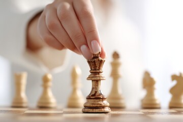 Close-up of woman’s hand placing a chess queen on board, symbolizing decision-making.