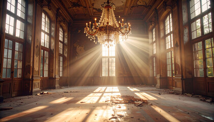 Suspended Crystal Chandelier in Abandoned Ballroom Dust . Wedding Concept. Generated Image