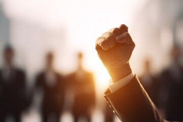 Close-up of a businessman’s clenched fist raised upward with team silhouette.