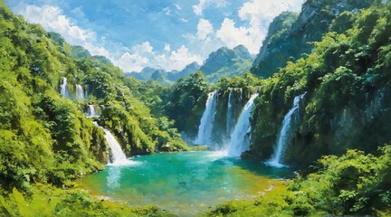 Fototapeta premium Vibrant oil painting of majestic waterfalls cascading into a tranquil turquoise pool, nestled within lush green mountains under a bright blue sky