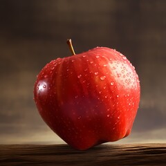 A close-up shot of a fresh, juicy red apple with water droplets, sitting on a wooden surface