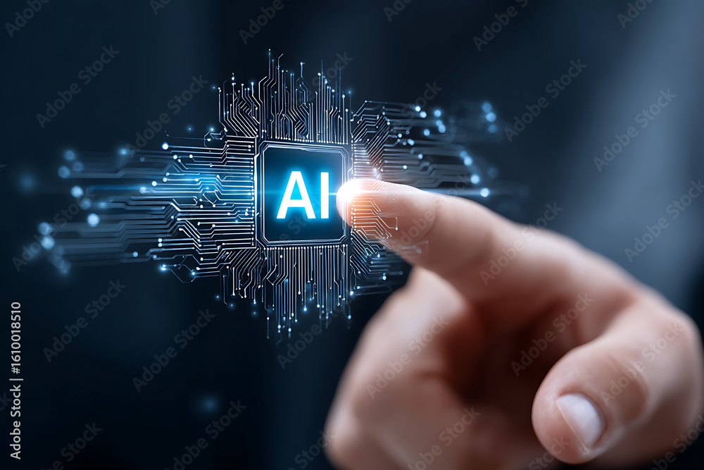 Poster hand pressing artificial intelligence button on digital interface with circuits and glowing connecti