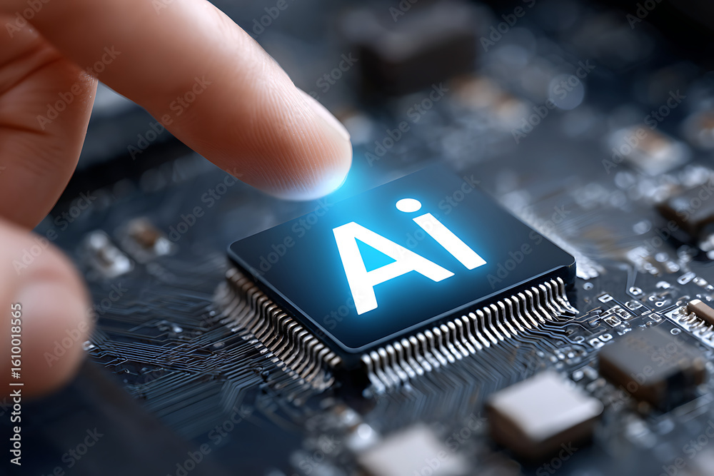 Poster technological advancement showcased with a hand activating artificial intelligence on a computer chi