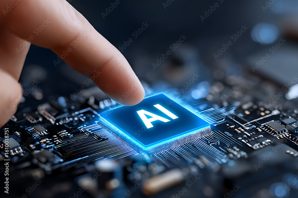Poster close-up of a finger pressing an illuminated ai processor on a circuit board in a modern tech settin