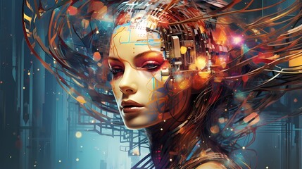 Futuristic digital illustration of woman, with vibrant colors, technological integration in her hair and on her face, embodying innovation