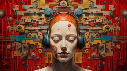 A serene portrait of a person wearing headphones against a complex, mechanical backdrop