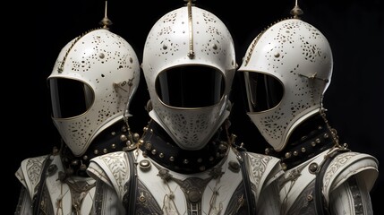 Three warriors in white helmets and ornate armor with dark background. A group of armored figures stand side by side
