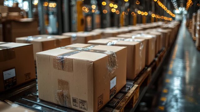 Cardboard boxes on conveyor belt in warehouse (1)