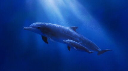 Obraz premium A serene underwater scene featuring a dolphin swimming alongside its calf. The image captures the beauty of marine life and the bond between mother and young. 